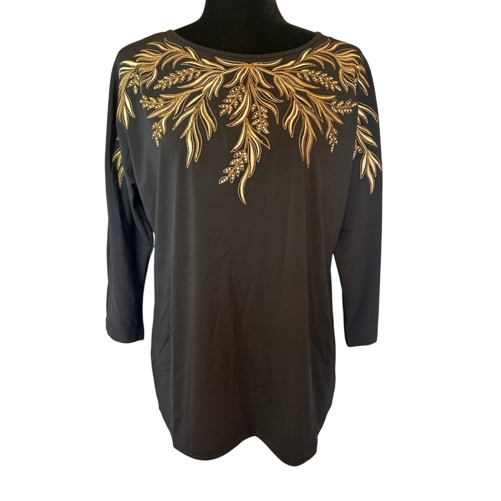 Bob Mackie Wearable Art Black Gold Embroidered Rhinestone 3/4 Sleeve Top Small